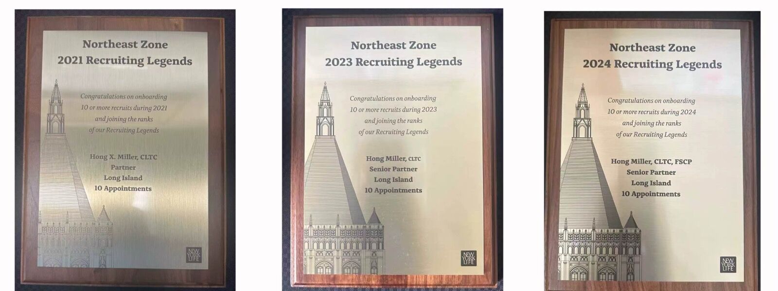 Hong Miller 获得的东北区 Recruiting Legends 奖牌（2021、2023、2024）